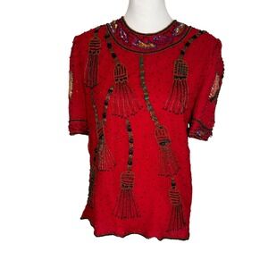 Laurence Kazar Vintage Red Silk Beaded Tassel Evening Blouse Short Sleeve Medium
